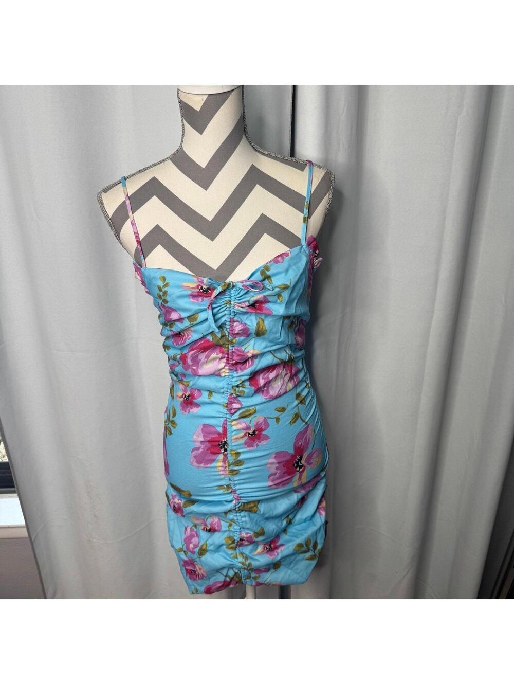 Ruched Blue Pink Floral Ruched Mini Dress
